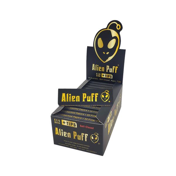 50 Alien Puff Black & Gold 1 1/4 Size Unbleached Brown Papers + Tips Smoking Products Alien Puff 